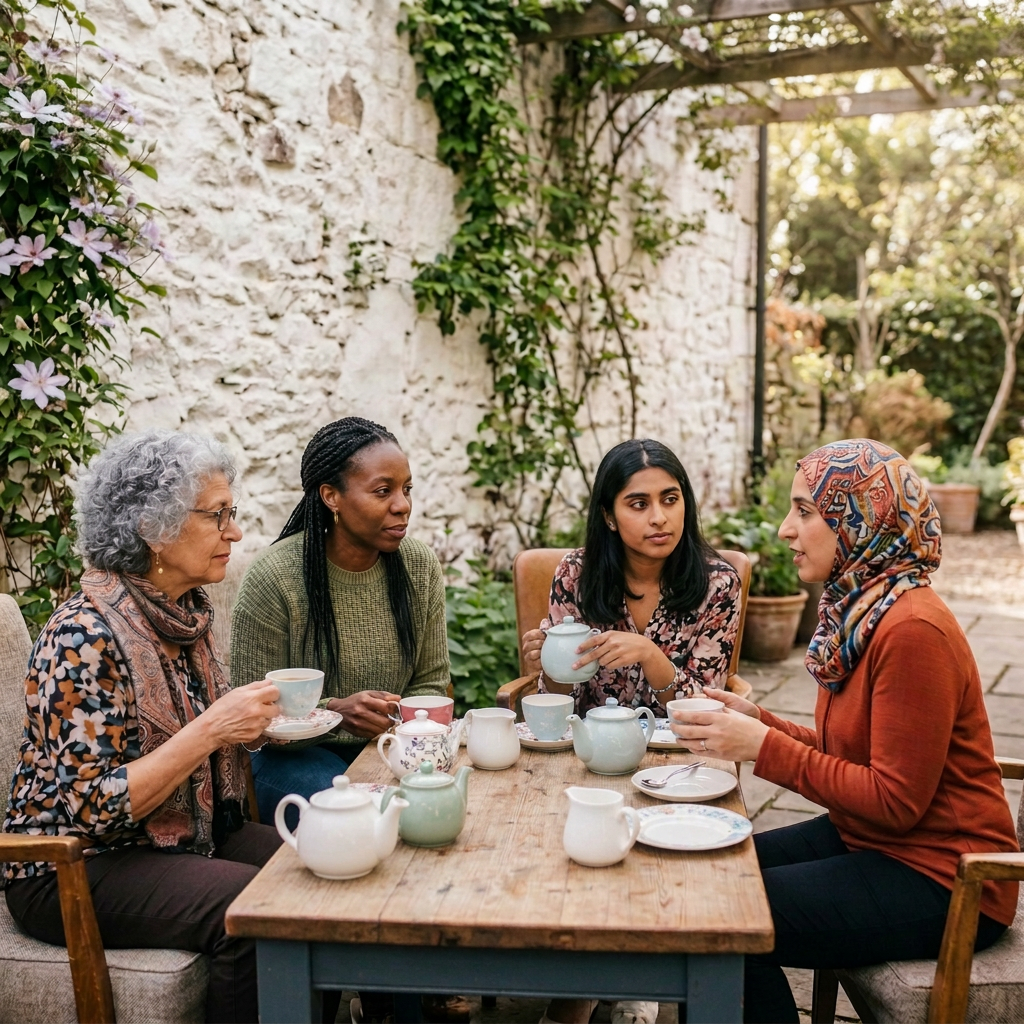 Five women laughing together over tea and pastries in a café